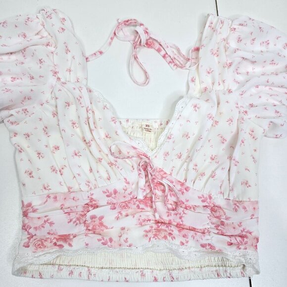 Vintage Y2K 90s Prairie Cottagecore Pink Wihte Floral Smocked Cropped Top - Picture 6 of 11